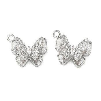 Brass Micro Pave Clear Cubic Zirconia Charms, Butterfly Charms, Platinum, 12x13.5x5.5mm, Hole: 1.4mm