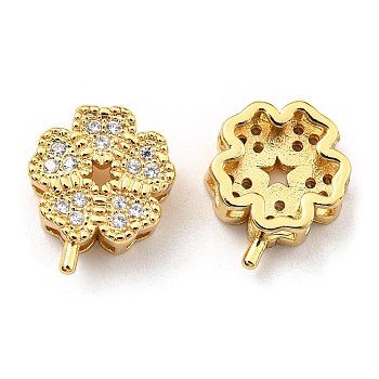 Rack Plating Eco-Friendly Brass Micro Pave Cubic Zirconia Slider Charms, Lead Free & Cadmium Free, Clover, Real 18K Gold Plated, 11x9x4mm, Hole: 1.2~1.6x1.3~1.4mm