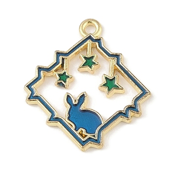 Alloy Enamel Pendant, Light Gold, Rhombus with Rabbit Charm, Steel Blue, 25x22x1.5mm, Hole: 1.6mm