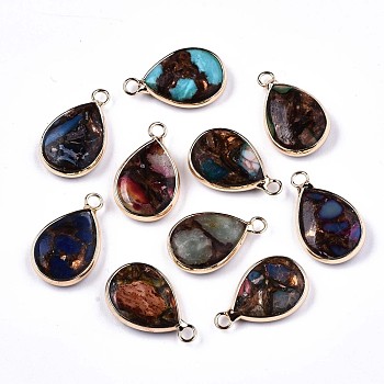 Teardrop Assembled Natural Bronzite and Mixed Gemstone Pendants, with Iron Loop and Brass Edge, Light Gold, Mixed Dyed and Undyed, 22~23x14x5~6mm, Hole: 2mm