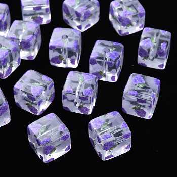 Transparent Printed Acrylic Beads, Square with Fruit Pattern, Grape Pattern, 16x16x16mm, Hole: 3mm