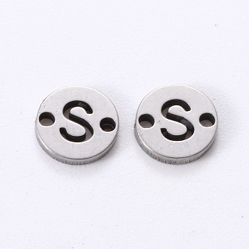 201 Stainless Steel Links, Laser Cut, Flat Round with Letter, Letter.S, 6x6x1mm, Hole: 0.8mm