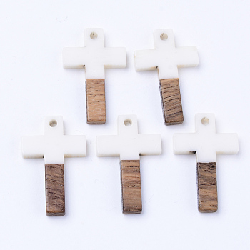 Resin & Walnut Wood Pendants, Cross, Creamy White, 26x16x3mm, Hole: 1.8mm