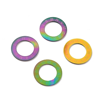 Ion Plating(IP) 304 Stainless Steel Linking Rings, Ring with Roman Numerals 1~12, Rainbow Color, 15.5x0.5mm, Hole: 9.5mm