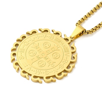 304 Stainless Steel Box Chain Saint Benedict Medal Pendant Necklaces for Women, Real 18K Gold Plated, 22.91 inch(58.2cm)