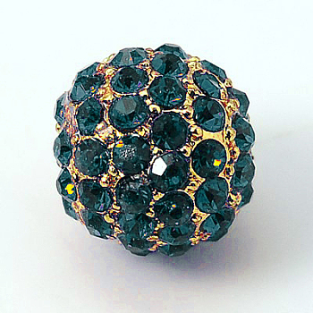 Alloy Rhinestone Beads, Grade A, Round, Golden Metal Color, Blue Zircon, 10mm