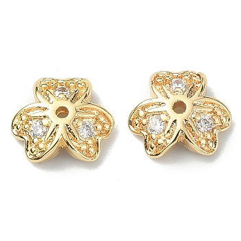 Brass Pave Clear Cubic Zirconia Bead Caps, 3-Petal, Flower, Real 18K Gold Plated, 8x8x2.5mm, Hole: 1mm