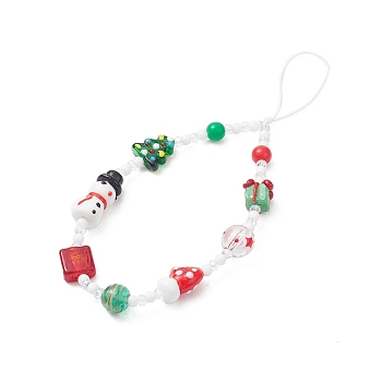 Christmas Handmade Lampwork Mobile Straps, with Acrylic & Glass Beads, Nylon Thread Mobile Accessories Decoration, Snowman/Glove/Tree/Gift Box, White, 170mm
