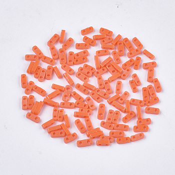 2-Hole Opaque Glass Seed Beads, Rectangle, Coral, 4.5~5x2x1~1.5mm, Hole: 0.5~0.8mm