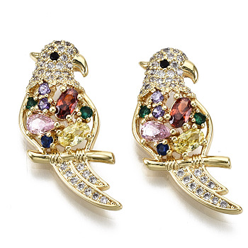 Hollow Brass Micro Pave Colorful Cubic Zirconia Pendants, Nickel Free, Parrot Shape, Real 16K Gold Plated, 29x12.5x5mm, Hole: 3mm