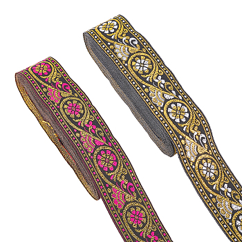 AHADERMAKER 14M 2 Colors Ethnic Style Embroidery Polyester Ribbons, Jacquard Ribbon, Garment Accessories, Floral Pattern, Mixed Color, 34mm, 7m/color