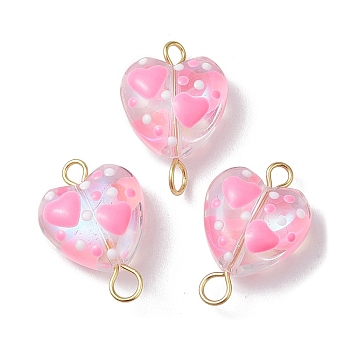 Glass Enamel Heart Links Connector Charms, with Golden Plated 304 Stainless Steel Double Loops, Pink, 18.5x12x6mm, Hole: 2mm & 2.5mm