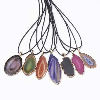 Dyed Natural Brazilian Agate Pendant Necklaces, with Leather Cord and Brass Iron Findings, Nugget, Platinum & Golden, Mixed Color, 17.67 inch(45cm), 1.5mm, Pendant: 45~70x20~32x4mm