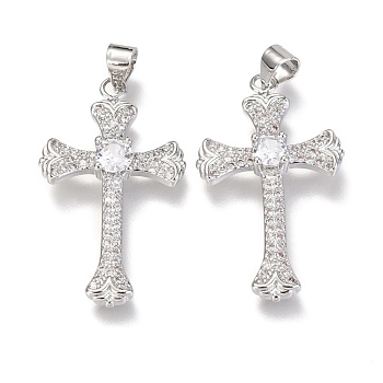 Brass Micro Pave  Clear Cubic Zirconia Pendants, Cross, Real Platinum Plated, 31x18x4mm, Hole: 3x4mm