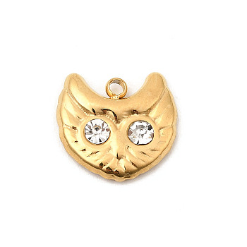 304 Stainless Steel Rhinestone Pendants, Owl Charms, Ion Plating(IP), Real 18K Gold Plated, 12x13x3mm, Hole: 1.6mm
