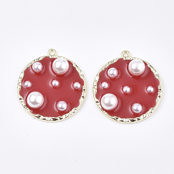 Epoxy Resin Pendants, with ABS Plastic Imitation Pearl, Alloy Findings and Enamel, Flat Round, Golden, Red, 36x33x8mm, Hole: 1.8mm