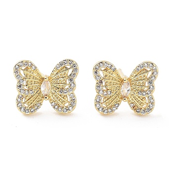 Butterfly Rack Plating Brass Micro Pave Clear Cubic Zirconia Stud Earrings for Women, Long-Lasting Plated, Lead Free & Cadmium Free, Real 18K Gold Plated, 11.5x13.5mm
