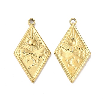 Ion Plating(IP) 304 Stainless Steel Pendants, Rhombus with Sun & Star Charm, Real 18K Gold Plated, 25.5x14x2mm, Hole: 1.6mm