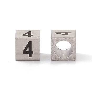 303 Stainless Steel European Beads, Large Hole Beads, Cube with Number, Stainless Steel Color, Num.4, 7x7x7mm, Hole: 5mm