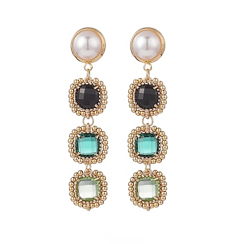 Glass Rectangle Beaded Long Dangle Stud Earrings with Imitation Pearl, Gold Plated Brass Bohemia Jewelry for Women, Light Green, 60mm, Pin: 0.8mm