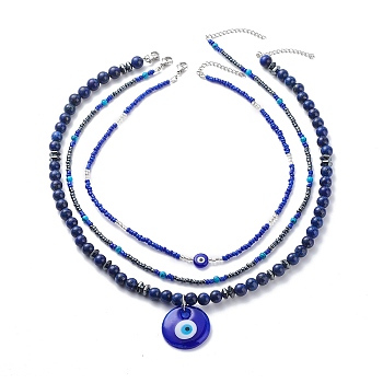 3Pcs 3 Style Lampwork Evil Eye Pendant Necklaces Set, Natural Lapis Lazuli & Glass Seed Beaded Stackable Necklaces for Women, Blue, 16.89~21 inch(42.9~53.5cm), 1Pc/style