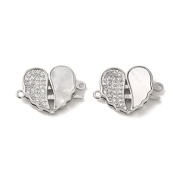 Brass Micro Pave Clear Cubic Zirconia Connector Charms, with Shell, Heart Shaped Wing Links, Real Platinum Plated, 12x17.5x3.5mm, Hole: 1mm