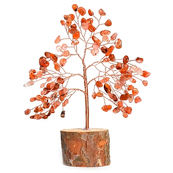 Natural Carnelian Chips Tree of Life Decorations, Column Wood Base with Copper Wire Feng Shui Energy Stone Gift for Home Office Desktop Decoration, 60x160mm