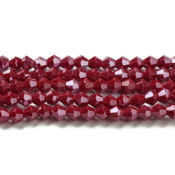 Opaque Solid Color Electroplate Glass Beads Strands, Pearl Luster Plated, Faceted, Bicone, Dark Red, 4x4mm, Hole: 0.8mm, about 87~98pcs/strand, 12.76~14.61 inch(32.4~37.1cm)