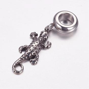 304 Stainless Steel European Dangle Charms, Large Hole Pendants, Lizard, Antique Silver, 34mm, Hole: 5mm, Pendant: 23x8.5x2.5mm