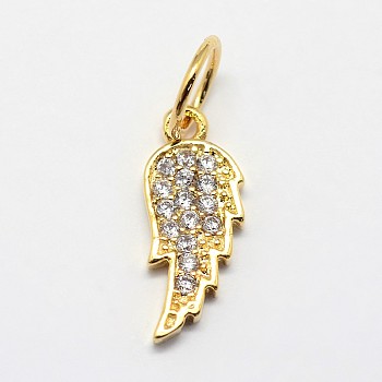 CZ Brass Micro Pave Cubic Zirconia Wing Charms, Golden, 15x6x2mm, Hole: 4mm