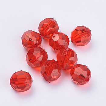 Transparent Acrylic Beads, Faceted, Round, Red, 10x9.5mm, Hole: 1.8mm