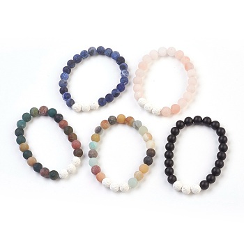 Natural Gemstone and Natural Dyed Lava Rock Stretch Bracelets Sets, Frosted, Round, 2-1/8 inch(5.5cm), 5pcs/set