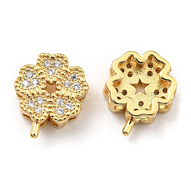 Real 18K Gold Plated Clear Clover Brass+Cubic Zirconia Slide Charms