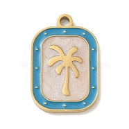 304 Stainless Steel Enamel Pendants, Golden, Rectangle with Coconut Tree Charm, Dark Turquoise, 19.5x13x1.5mm, Hole: 1.8mm(STAS-I322-83G-B)