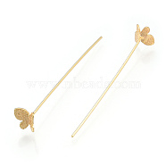 Brass Butterfly Head Pins, Frosted, Nickel Free, Real 18K Gold Plated, 53x0.7mm, Head: 7.5x7mm(KK-N259-44)