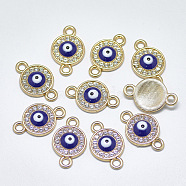 Alloy Links, with Crystal Rhinestone and Blue Enamel, Flat Round with Evil Eye, Light Gold, 19.5x12x3.5mm, Hole: 2mm(ENAM-S117-24)