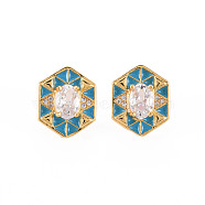 Brass Micro Pave Clear Cubic Zirconia Stud Earrings, with Enamel and Ear Nuts, Hexagon, Cadmium Free & Nickel Free & Lead Free, Real 16K Gold Plated, Sky Blue, 15x12mm, Pin: 0.8mm(EJEW-S210-016A-NR)