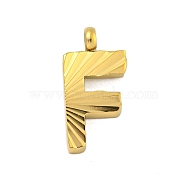 Ion Plating(IP) 304 Stainless Steel Charms, Handmade Engrave Figure, Full Polished, Golden, Letter F, 14x7x2mm, Hole: 1.8mm(STAS-G345-01G-F)