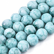 Opaque Baking Painted Crackle Glass Beads Strands, Round, Faceted, Medium Turquoise, 8x7.5mm, Hole: 0.8mm, about 60pcs/strand, 17.32~17.72 inch(44~45cm)(EGLA-S174-33H)