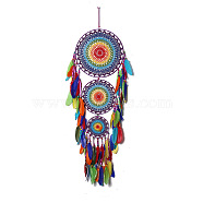 Indian Style Iron Woven Web/Net with Feather Pendant Decorations, Cotton Cord Hanging Home Wall Decorations, Colorful, 1100x350mm(PW-WG84324-01)