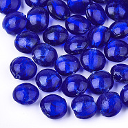 Handmade Silver Foil Lampwork Glass Beads, Flat Round, Blue, 12~13.5x11.5~13.5x7.5~8.5mm, Hole: 1~2mm(X-SLF12MMY-1F)