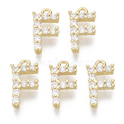 Brass Micro Pave Cubic Zirconia Charms, Nickel Free, Letter, Clear, Real 18K Gold Plated, Letter.F, 13.5x7.5x2.5mm, Hole: 1.2mm(KK-T060-05-F-G-NF)