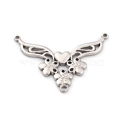 304 Stainless Steel Chandelier Components Links, Wing with Heart & Flower, Stainless Steel Color, 36x47x3mm, Hole: 1.5mm and 2mm(X-STAS-G246-02)