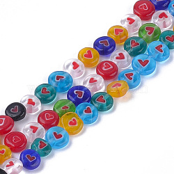 Handmade Lampwork Beads Strands, Flat Round with Heart, Mixed Color, 10x3.5mm, Hole: 1.4mm, about 38pcs/strand, 14.7 inch(X-LAMP-S191-07A)