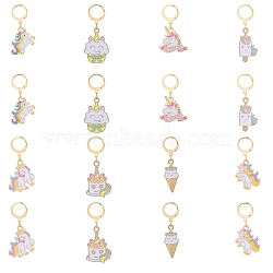 Alloy Enamel Unicorn Theme Pendant Locking Stitch Markers, 304 Stainless Steel Clasp Stitch Marker, Golden, 3.4~4.1cm, 8 style, 2pcs/style, 16pcs/set(HJEW-SW00041)