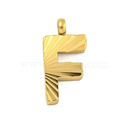 Ion Plating(IP) 304 Stainless Steel Charms, Handmade Engrave Figure, Full Polished, Golden, Letter F, 14x7x2mm, Hole: 1.8mm(STAS-G345-01G-F)