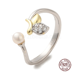 Rhodium Plated 925 Sterling Silver Finger Ring, Cubic Zirconia Leaf Cuff Ring with Natural Fresh Water Pearl, for Women, Real 18K Gold Plated & Real Platinum Plated, US Size 7 3/4(17.9mm), 2.3~9.5mm(RJEW-C064-08)