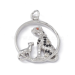 Brass Micro Pave Cubic Zirconia Pendants, Ring with Leopard/Cheetah Charm, Platinum, 22.5x19.5x3.5mm, Hole: 3mm(KK-P224-08P)