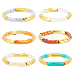 6Pcs 6 Colors Acrylic Curved Tube Beaded Stretch Braceles Set for Women, Mixed Color, Inner Diameter: 2 inch(5.13cm), 1Pc/color(BJEW-AN0001-53)