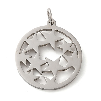 304 Stainless Steel Pendants, with Jump Ring, Flat Round, Stainless Steel Color, Star, 33x29.5x2mm, Hole: 5.5mm